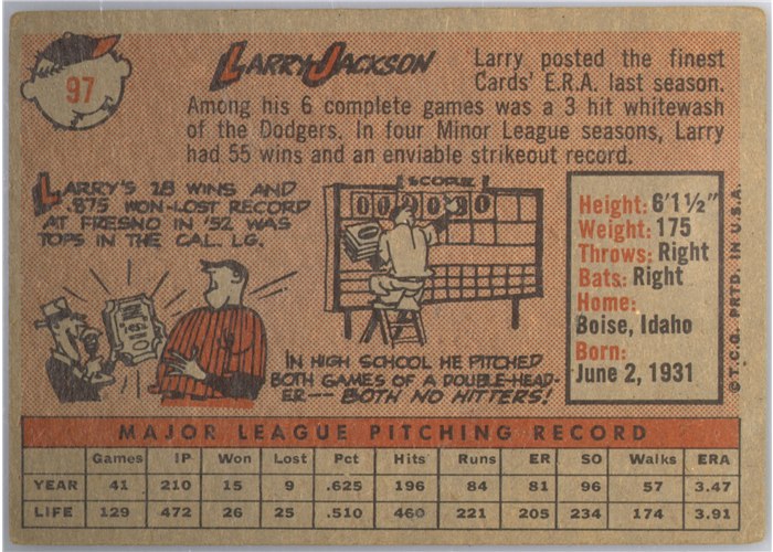 1958 Topps #97B Larry Jackson, St. Louis Cardinals, Yellow Name variation card back