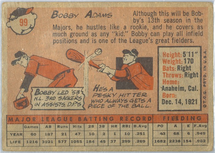 1958 Topps #99 Bobby Adams, Chicago Cubs card back
