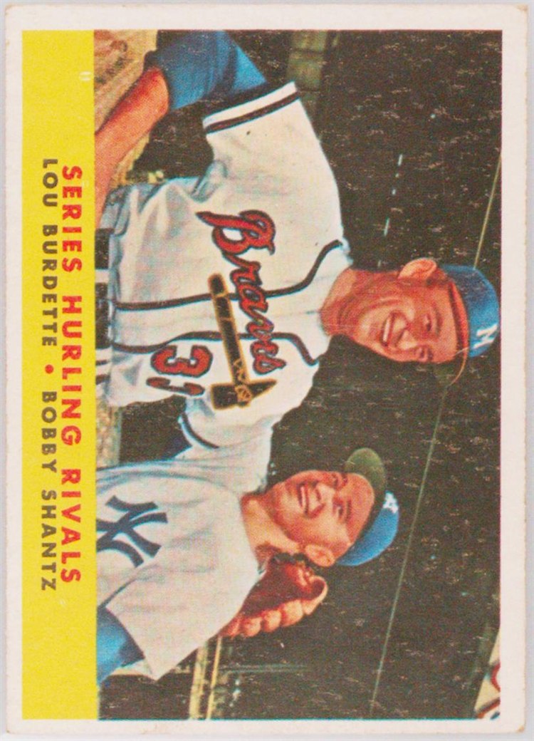 1958 Topps #289 Series Hurling Rivals - Lou Burdette / Bobby Shantz, New York Yankees