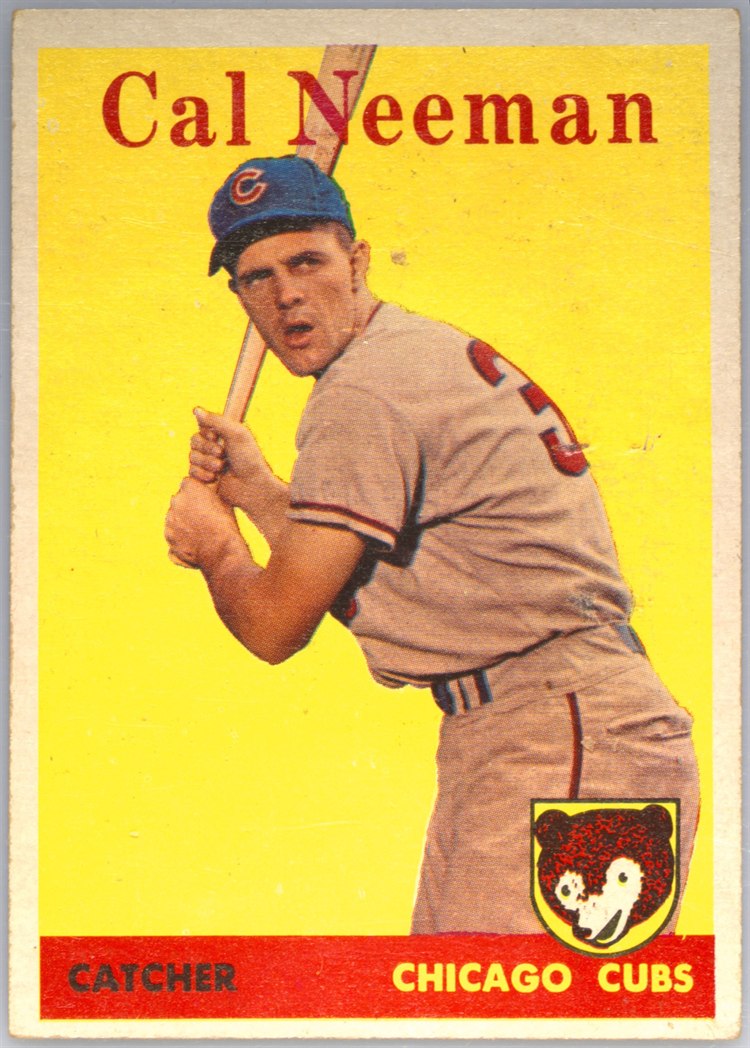 1958 Topps #33B Cal Neeman, Chicago Cubs, Yellow Team variation