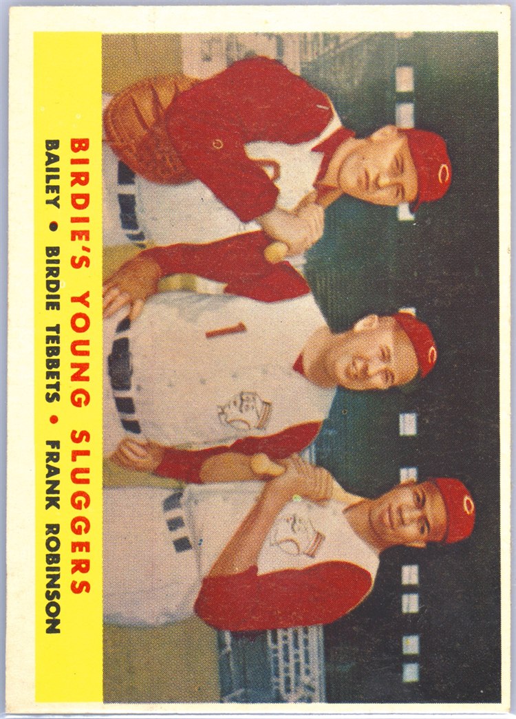 1958 Topps #386 Birdie's Young Sluggers - Ed Bailey / Birdie Tebbetts / Frank Robinson, Cincinnati Reds