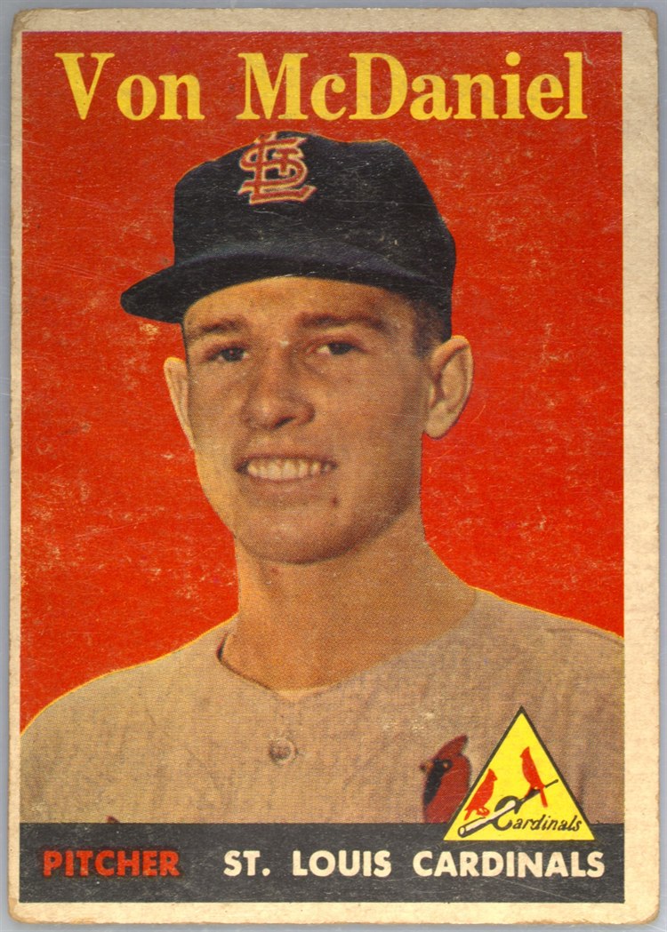 1958 Topps #65B Von McDaniel, St. Louis Cardinals, Yellow Name variation