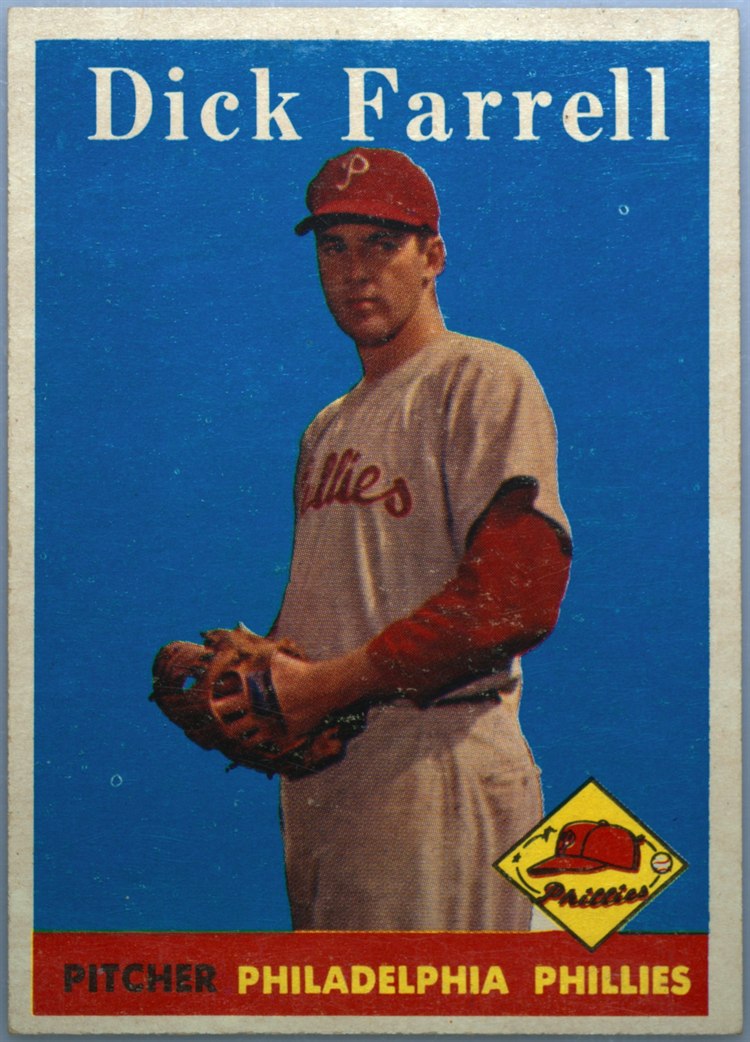 1958 Topps #76B Dick Farrell, Philadelphia Phillies, Yellow Team variation