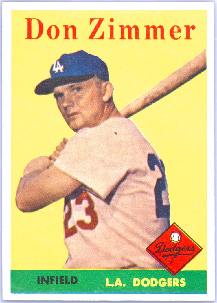 1958 Topps #77B Don Zimmer, Los Angeles Dodgers, Yellow Team variation