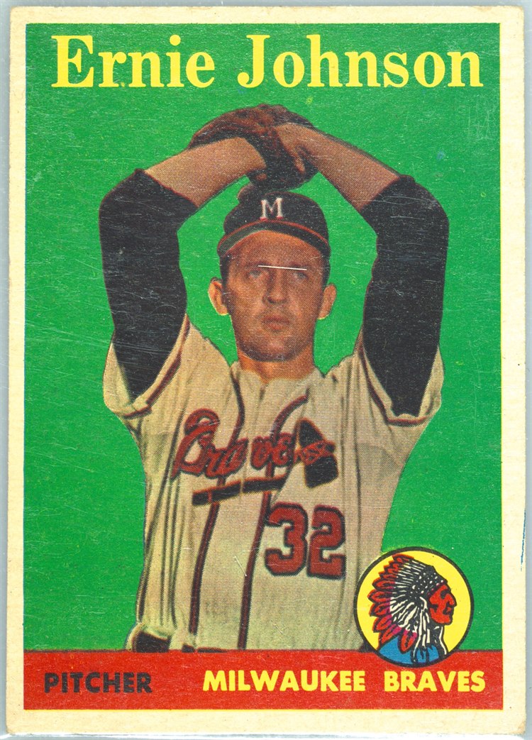 1958 Topps #78B Ernie Johnson, Milwaukee Braves, Yellow Name variation