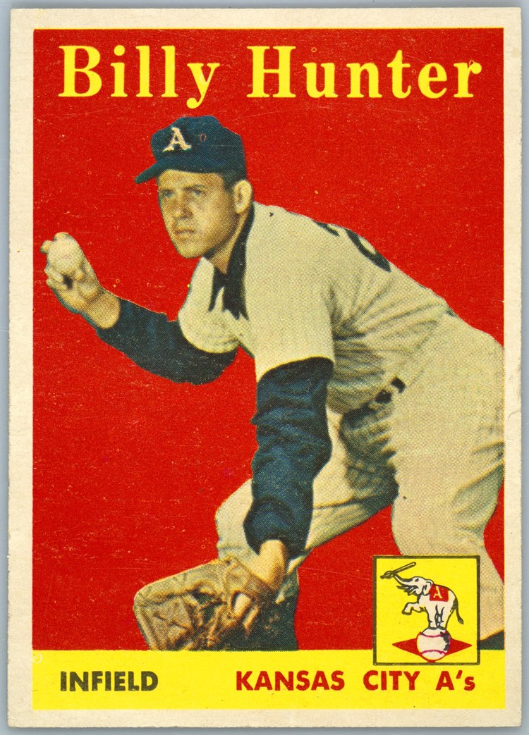 1958 Topps #98B Billy Hunter, Kansas City Athletics, Yellow Name variation