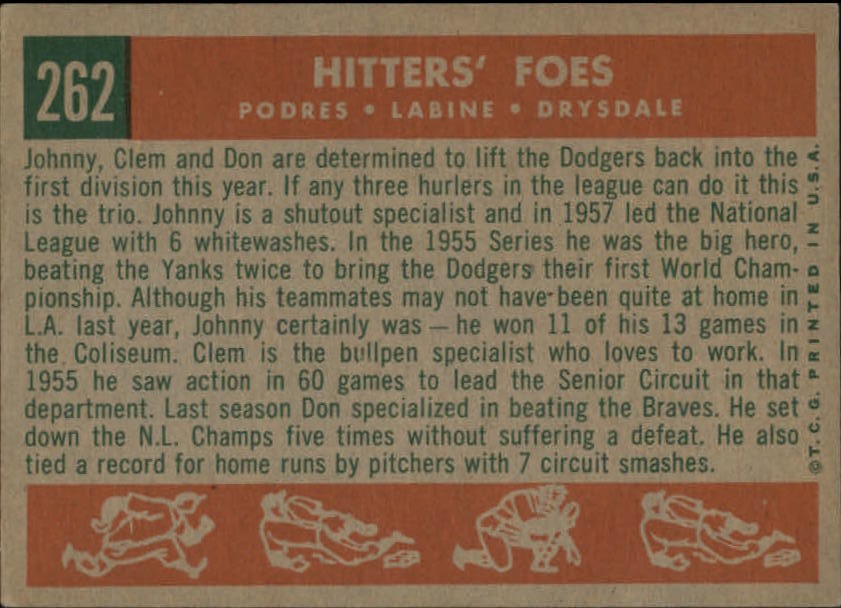 1959 Topps #262 Johnny Podres / Clem Labine / Don Drysdale "Hitters' Foes" (back)