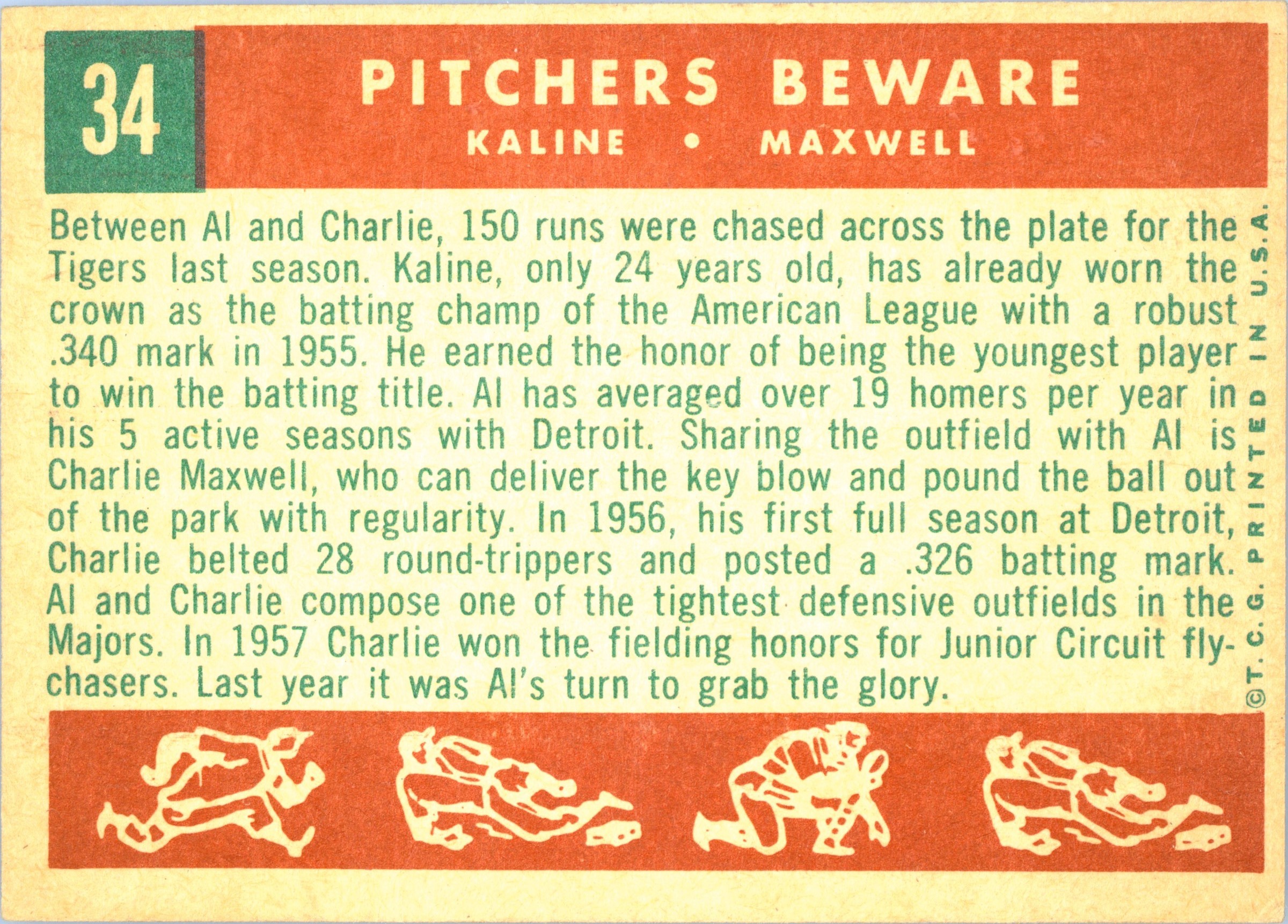 1959 Topps #34 Al Kaline / Charlie Maxwell "Pitchers Beware" (back)