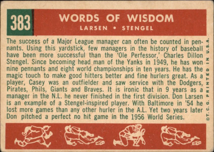 1959 Topps #383 Don Larsen / Casey Stengel "Words of Wisdom" (back)