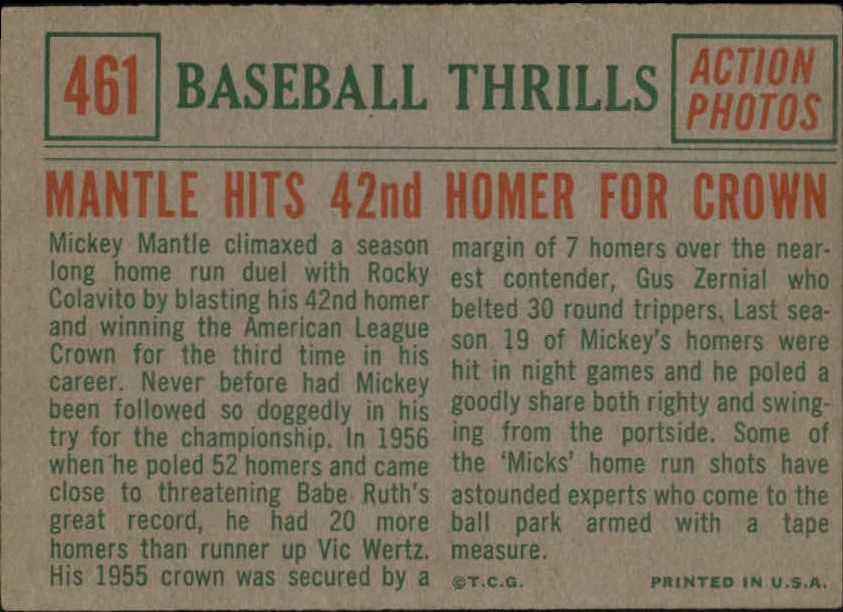 1959 Topps #461 Mickey Mantle (back)