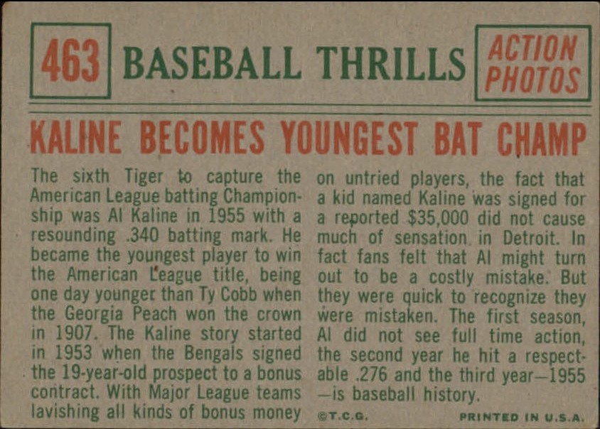 1959 Topps #463 Al Kaline (back)