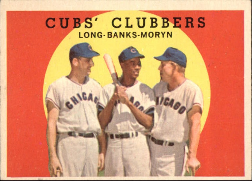 1959 Topps #147 Dale Long / Ernie Banks / Walt Moryn "Cubs' Clubbers", Chicago Cubs (front)