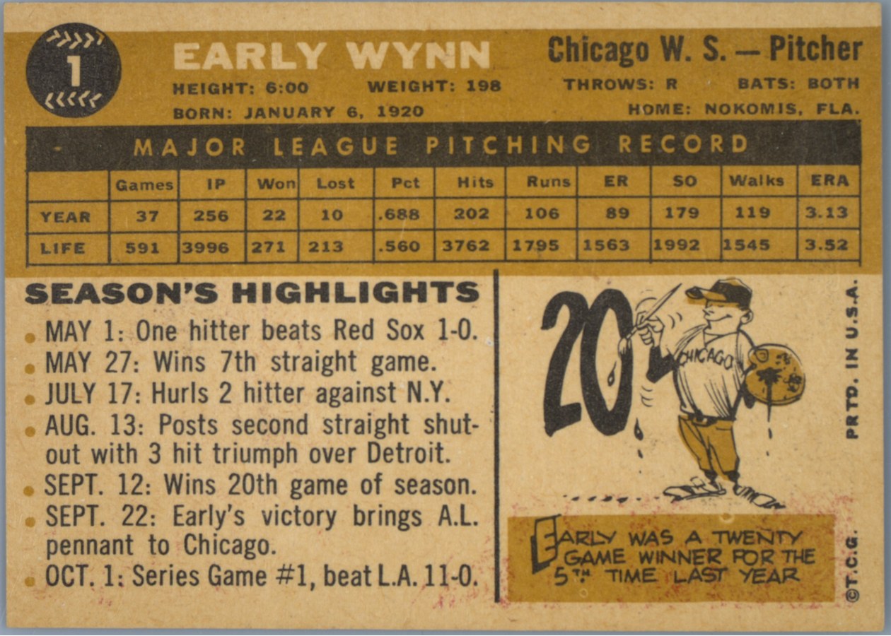 1960 Topps #1 Early Wynn card back