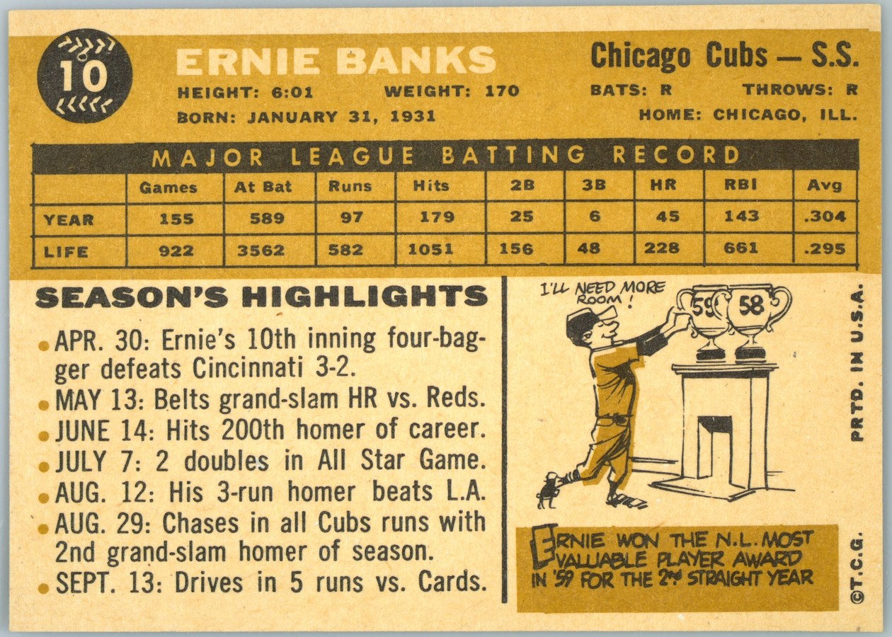 1960 Topps #10 Ernie Banks card back