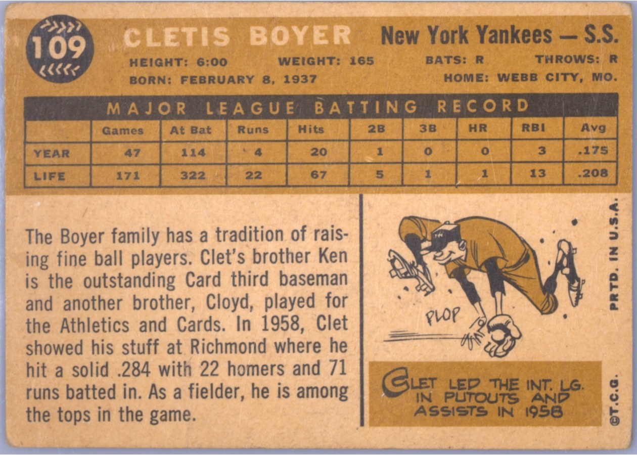 1960 Topps #109 Cletis Boyer card back