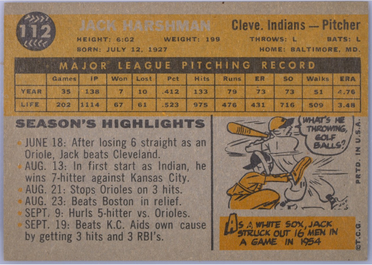 1960 Topps #112 Jack Harshman card back