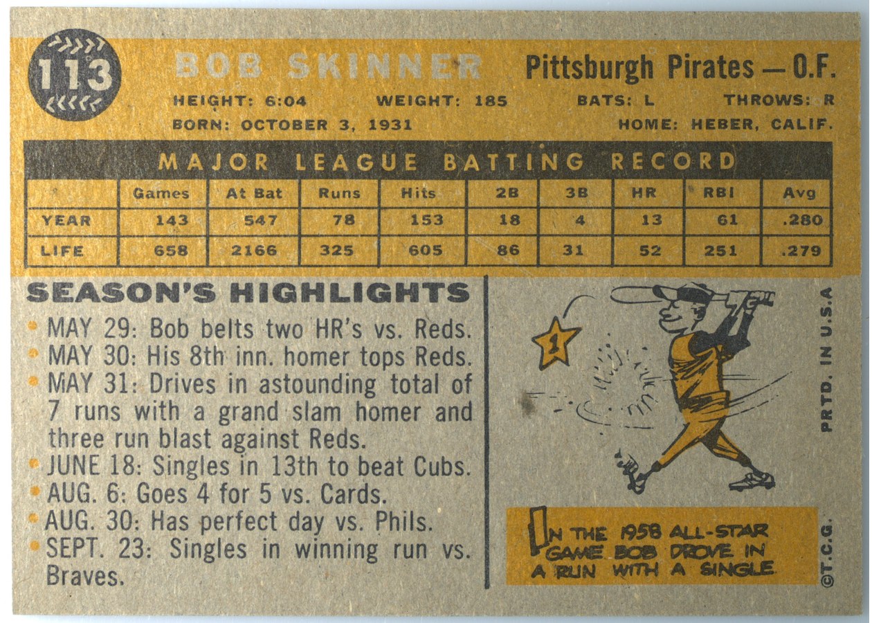 1960 Topps #113 Bob Skinner card back