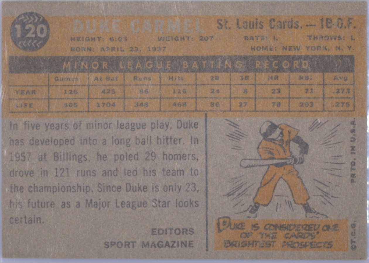 1960 Topps #120 Duke Carmel card back