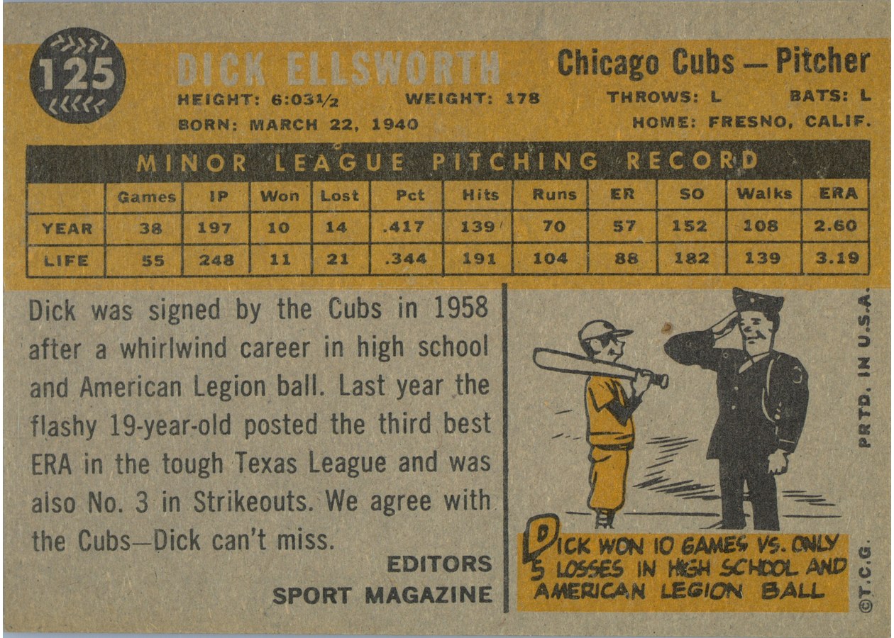 1960 Topps #125 Dick Ellsworth card back