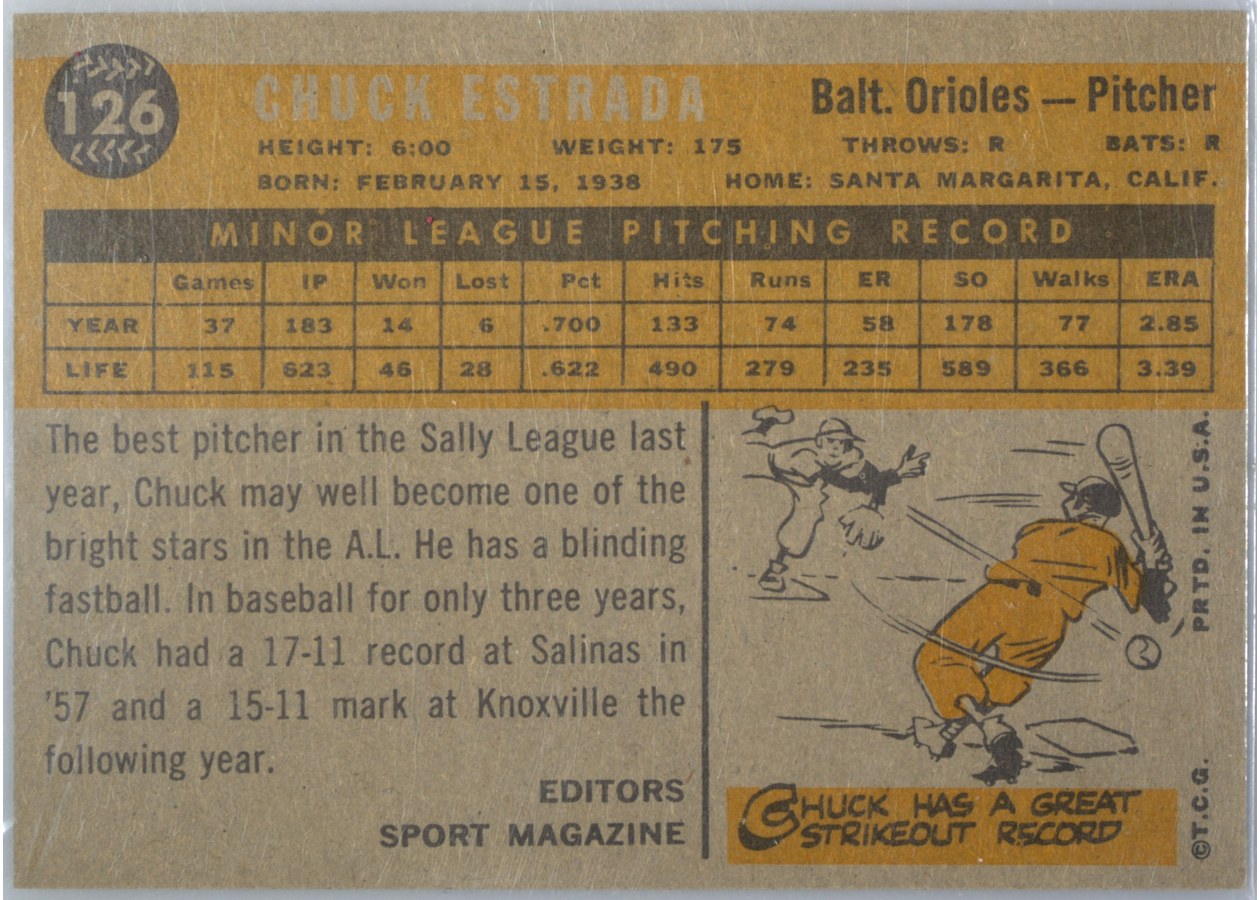 1960 Topps #126 Chuck Estrada card back