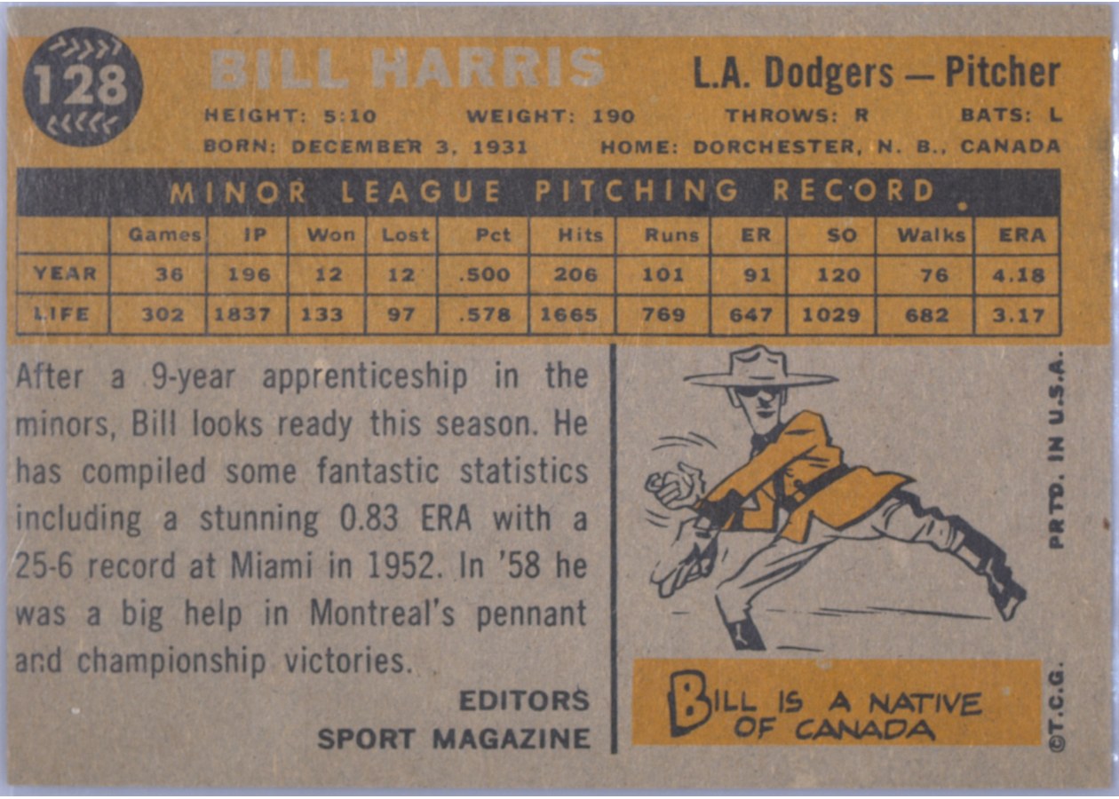 1960 Topps #128 Bill Harris card back