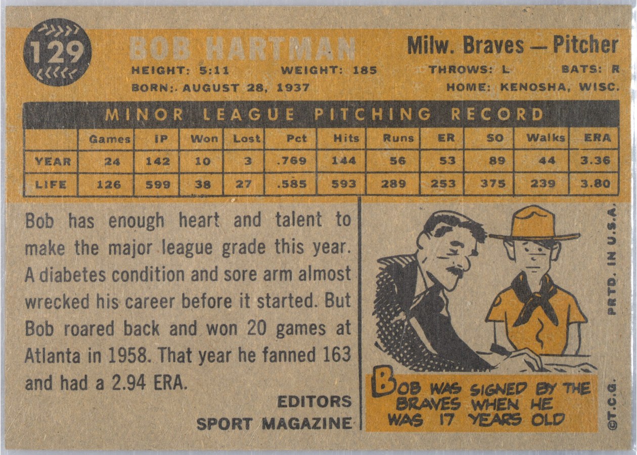 1960 Topps #129 Bob Hartman card back