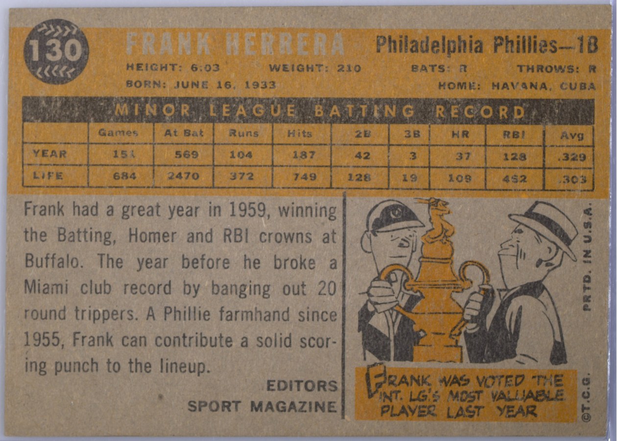 1960 Topps #130 Frank Herrera card back