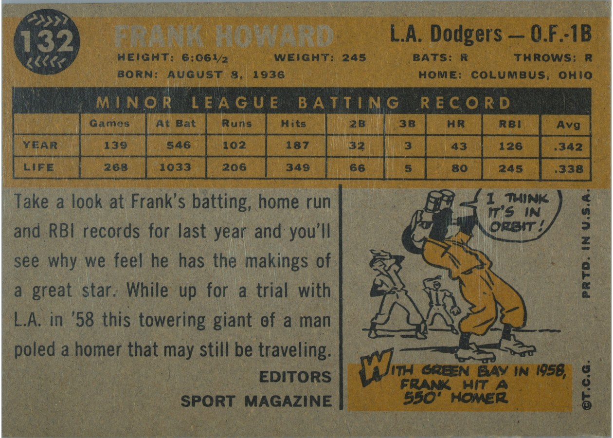 1960 Topps #132 Frank Howard card back