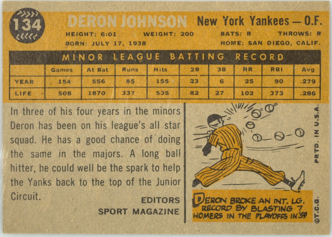 1960 Topps #134 Deron Johnson card back