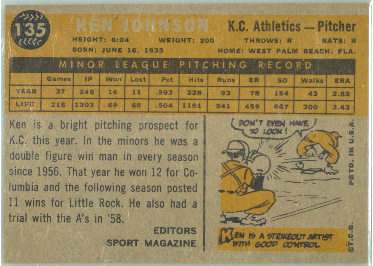 1960 Topps #135 Ken Johnson card back