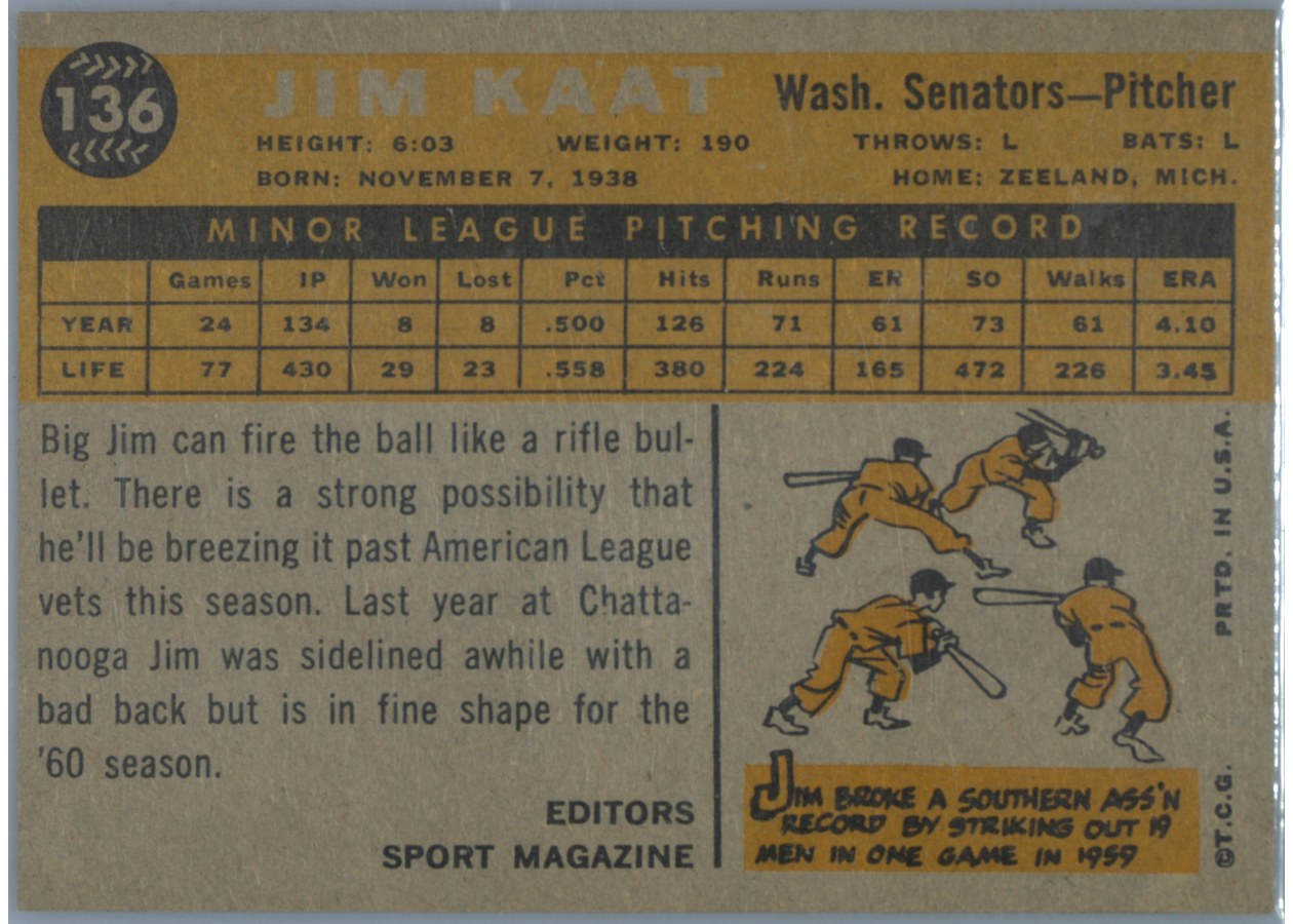 1960 Topps #136 Jim Kaat card back