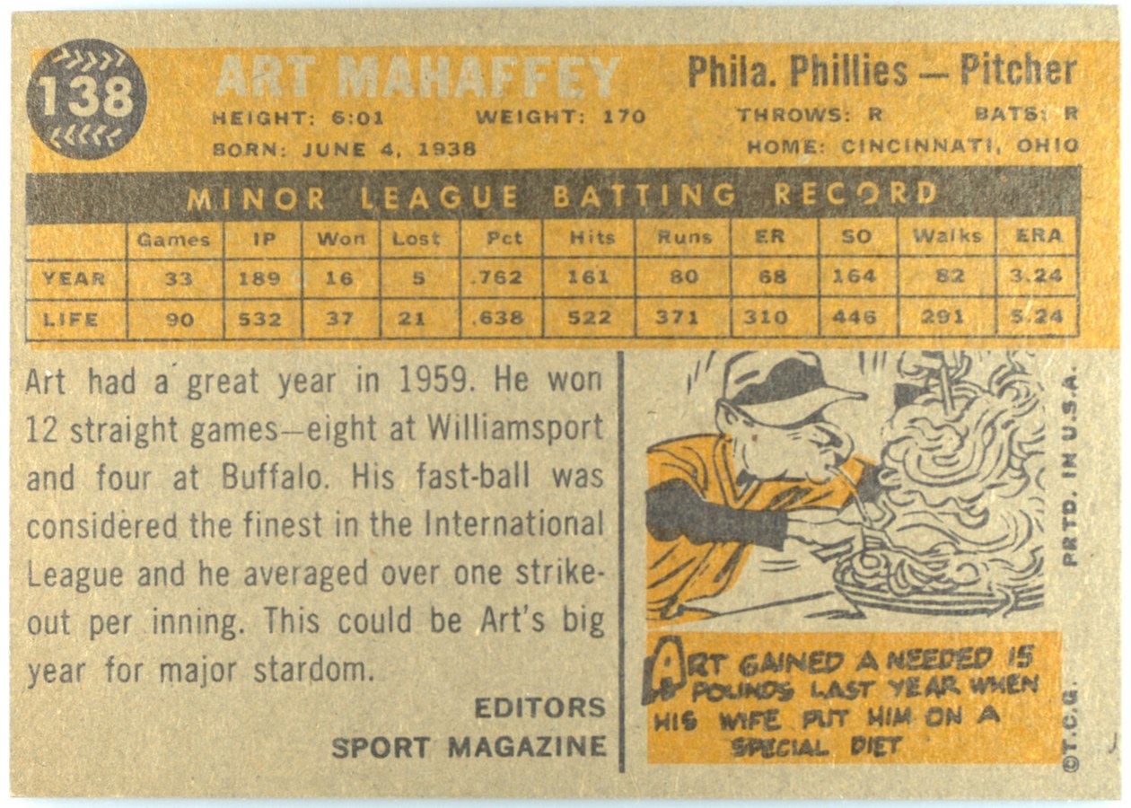 1960 Topps #138 Art Mahaffey card back