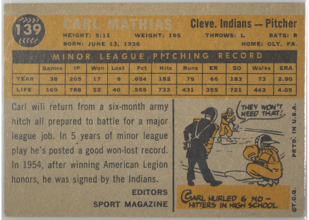 1960 Topps #139 Carl Mathias card back