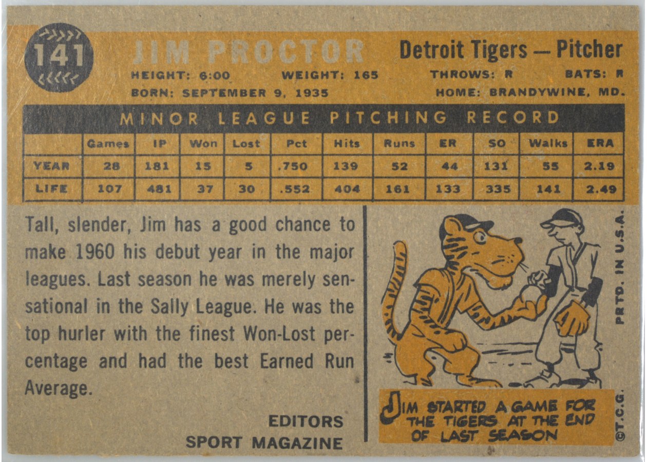 1960 Topps #141 Jim Proctor card back