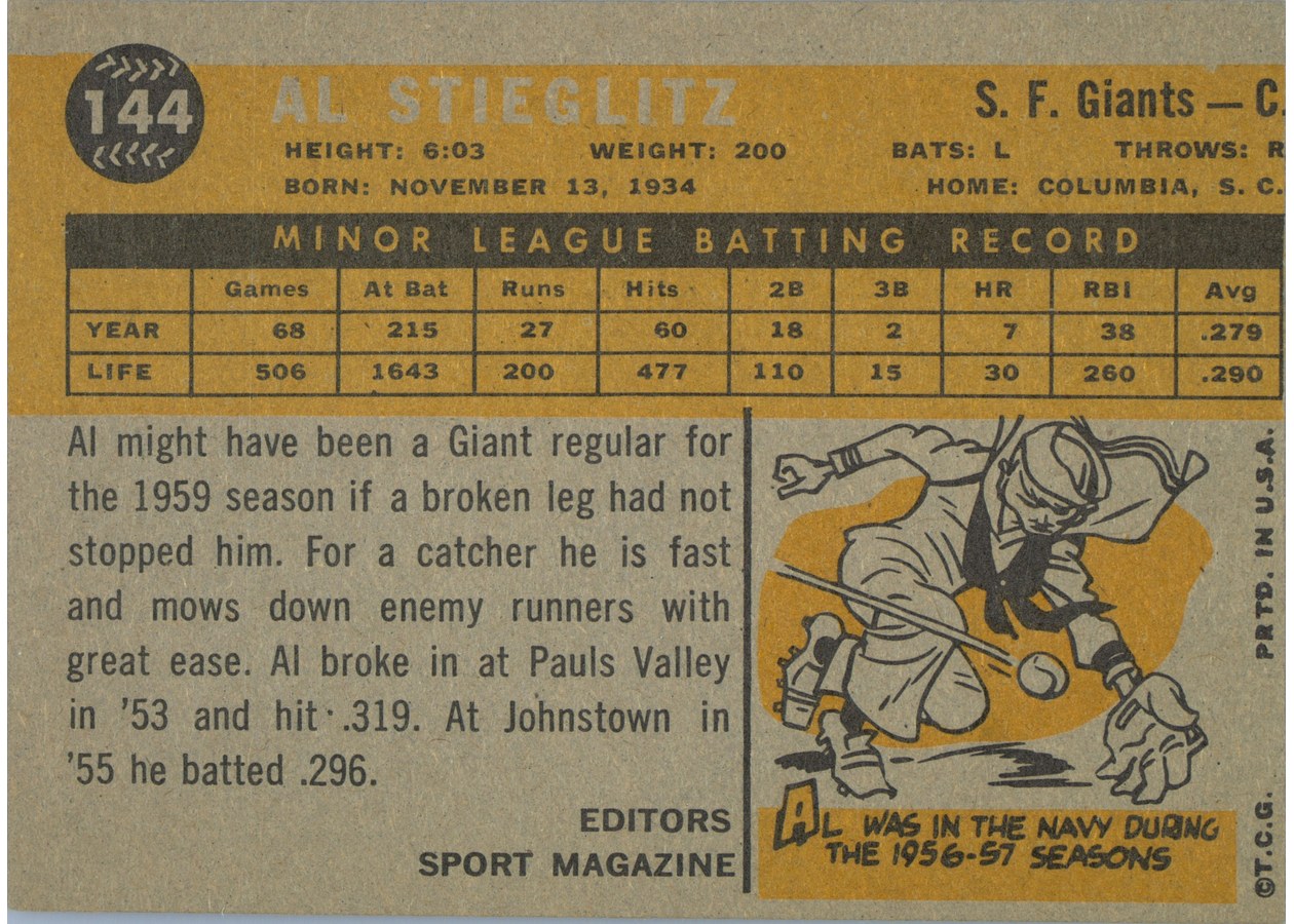 1960 Topps #144 Al Stieglitz card back