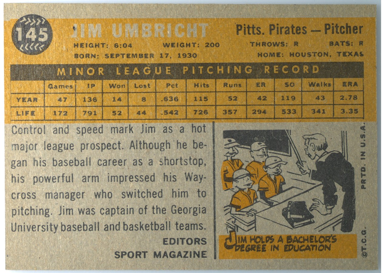 1960 Topps #145 Jim Umbricht card back