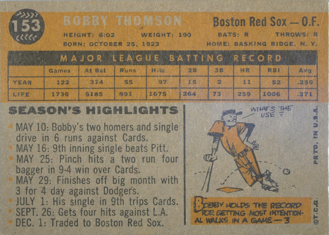 1960 Topps #153 Bobby Thomson card back