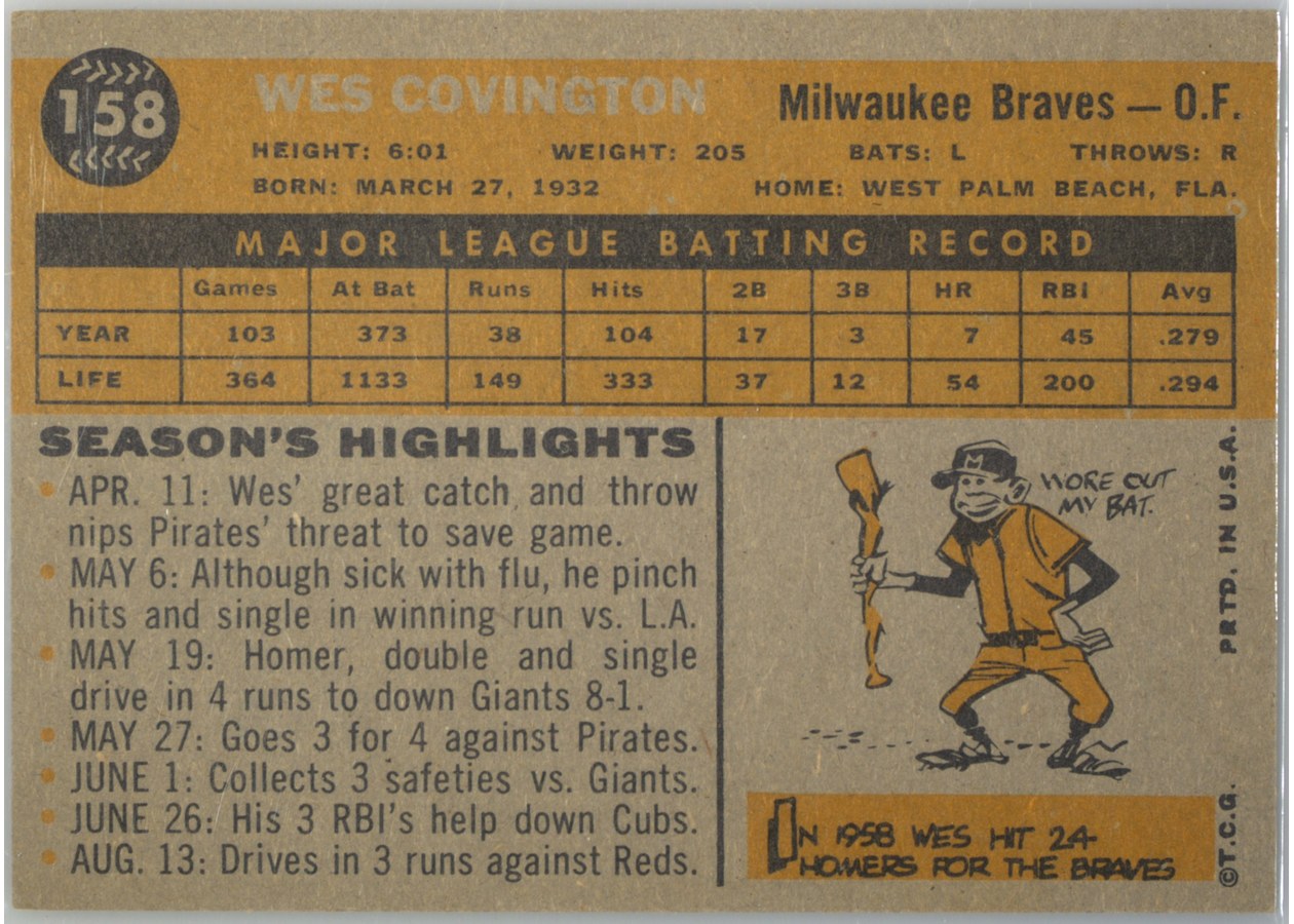 1960 Topps #158 Wes Covington card back