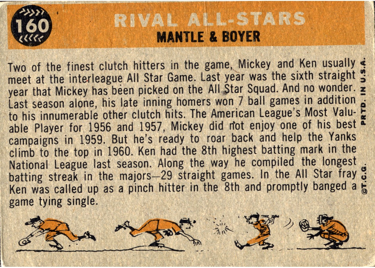 1960 Topps #160 Rival All Stars card back