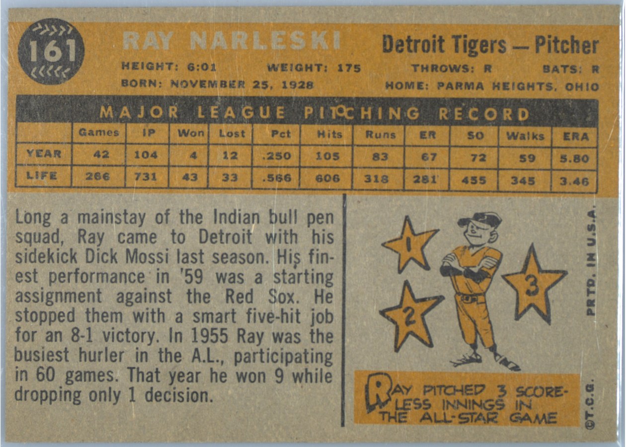 1960 Topps #161 Ray Narleski card back