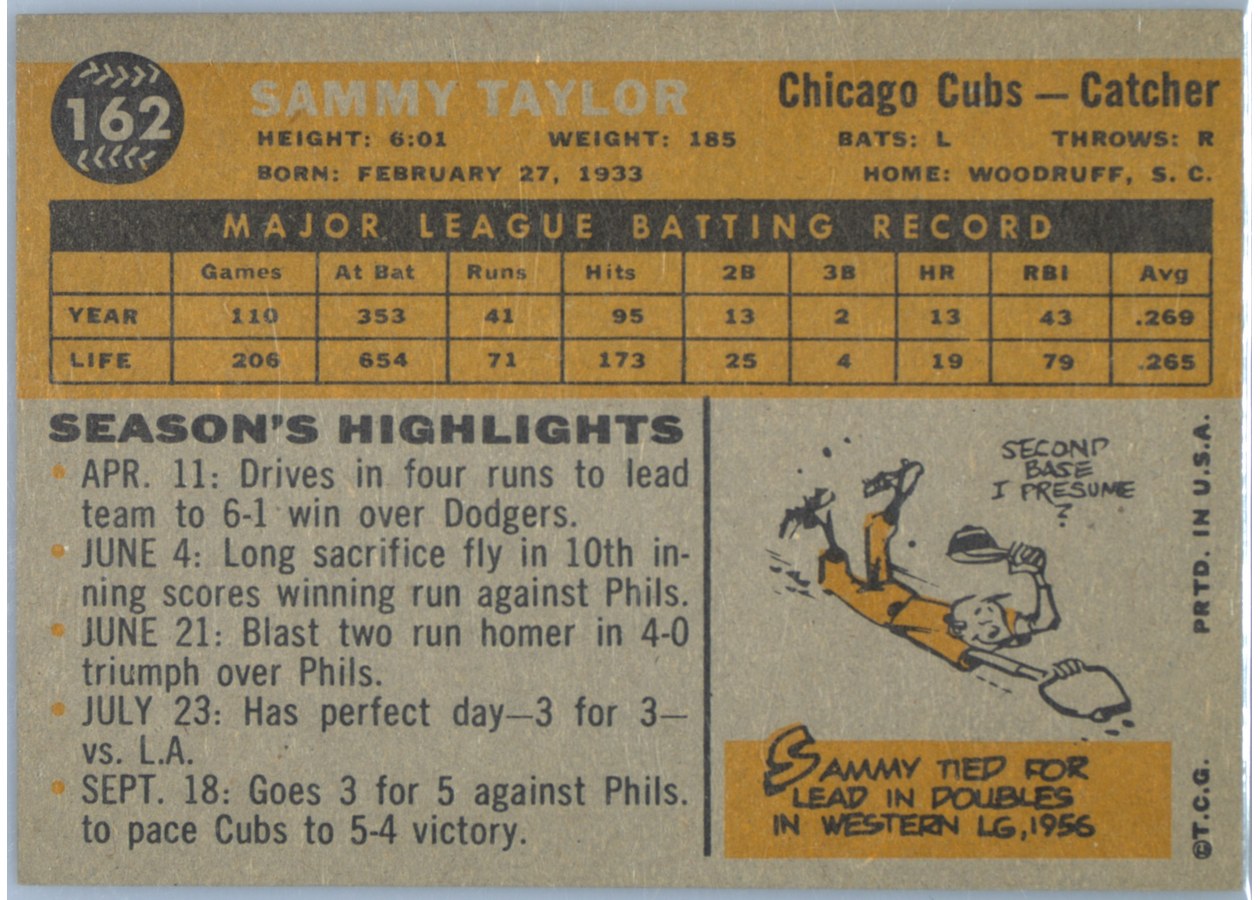 1960 Topps #162 Sammy Taylor card back