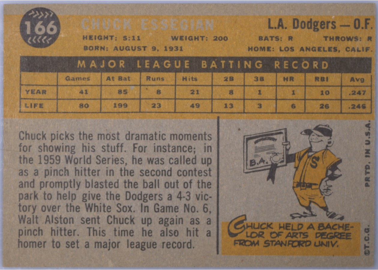 1960 Topps #166 Chuck Essegian card back