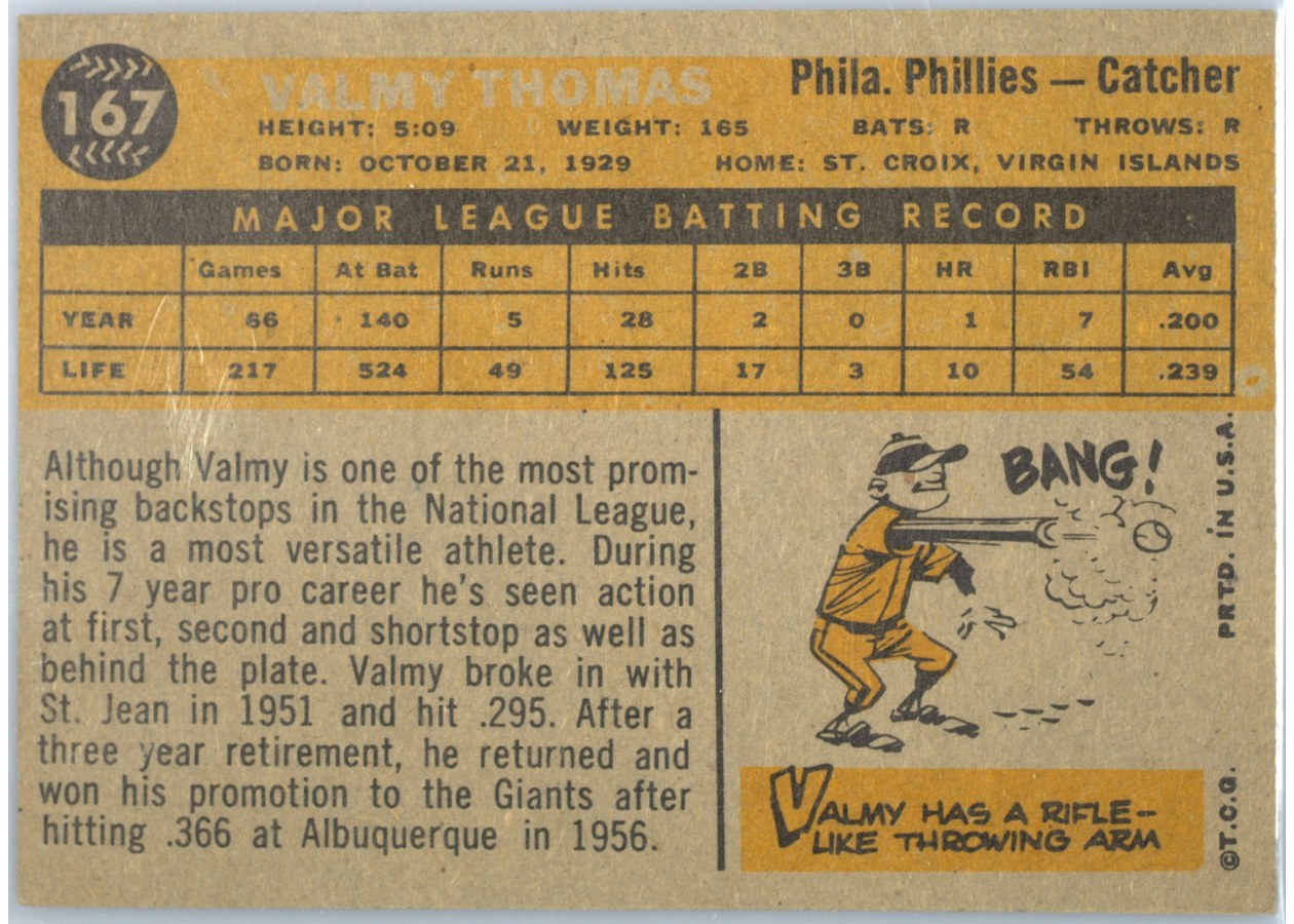 1960 Topps #167 Valmy Thomas card back