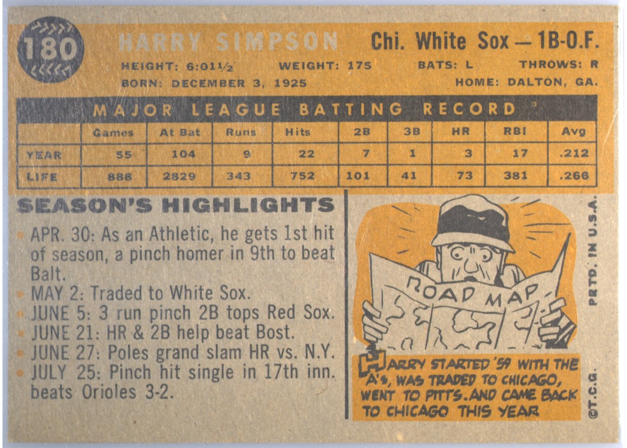 1960 Topps #180 Harry Simpson card back