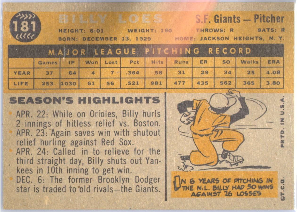 1960 Topps #181 Billy Loes card back