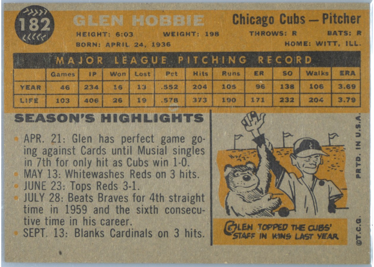 1960 Topps #182 Glen Hobbie card back