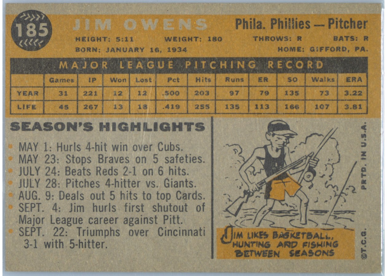 1960 Topps #185 Jim Owens card back