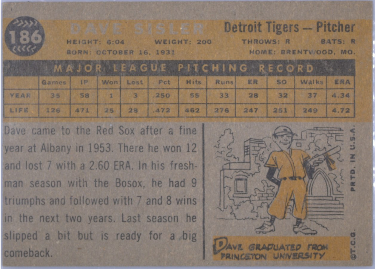 1960 Topps #186 Dave Sisler card back