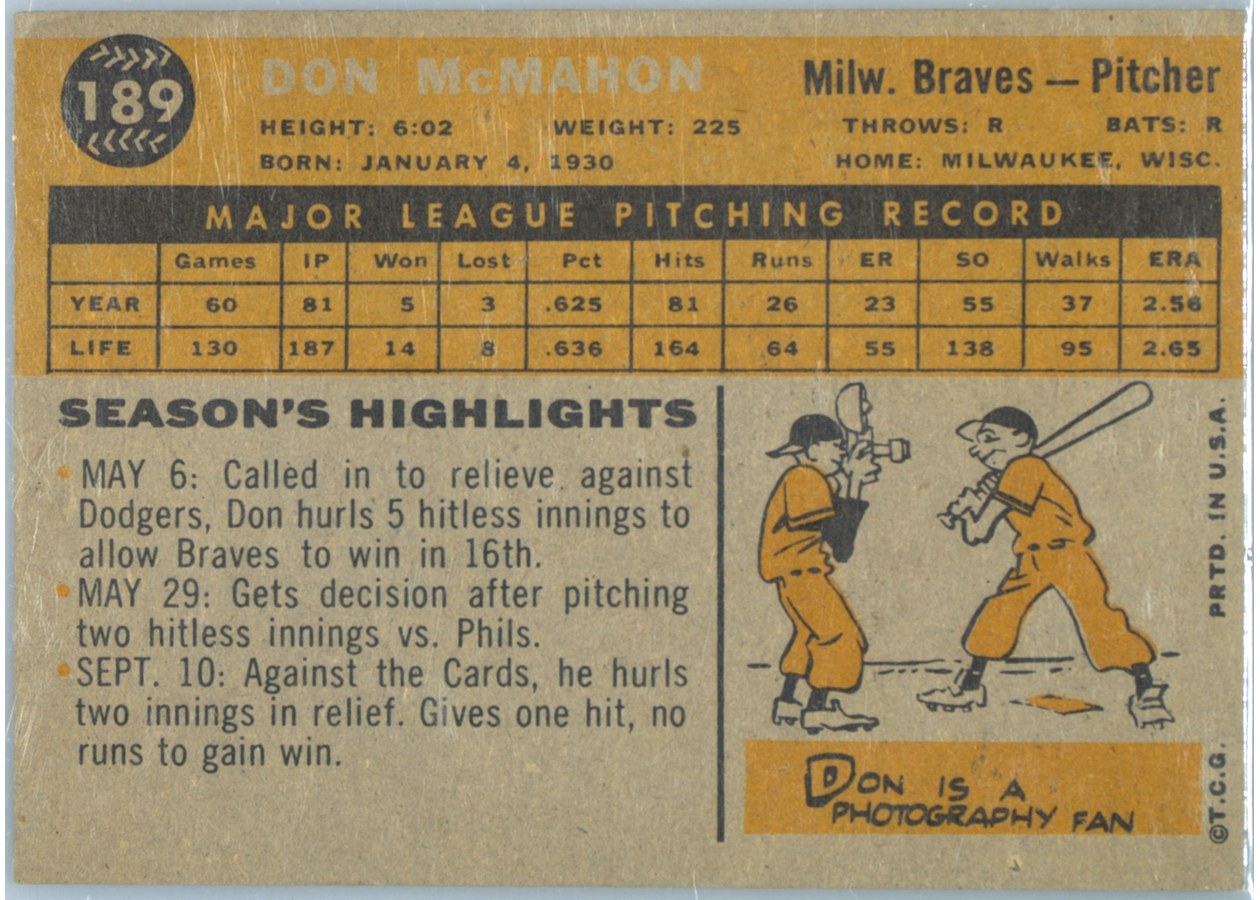 1960 Topps #189 Don McMahon card back