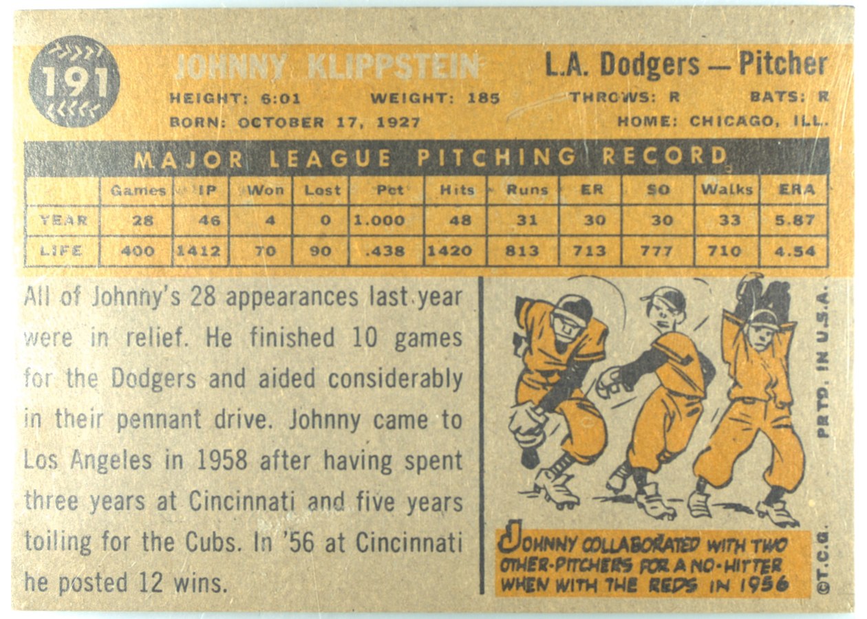 1960 Topps #191 Johnny Klippstein card back
